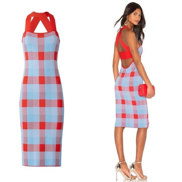 Parker Ayla Knit Midi Dress in Plaid Blue, Red Size M - Picture 11 of 12